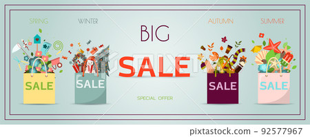 Advertising poster for black Friday, packages with goods for winter, spring, summer, autumn. Banner for discounts and sales. A poster with an inscription and a special offer of the store. Online store 92577967