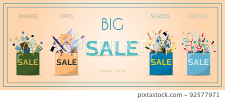 Advertising poster for black Friday, packages with goods for school, office, investment and medicine. Banner for discounts and sales. A poster with an inscription and a special offer of the store 92577971