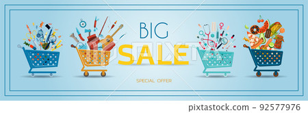 Advertising poster for black Friday, carts with goods for school, tourism, food and medicine. Banner for discounts and sales. A poster with an inscription and a special offer of the store. Online 92577976