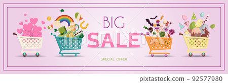 Advertising poster for sales, carts with goods forfor holidays valentine s day, St. Patrick s day, Halloween, Easter. Banner for discounts and sales. A poster with an inscription and a special offer 92577980