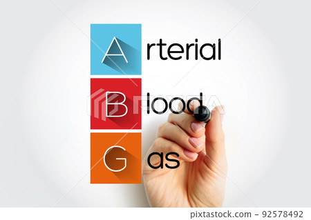 ABG Arterial Blood Gas - test measures the acidity and the levels of oxygen and carbon dioxide in the blood from an artery, acronym text concept background 92578492