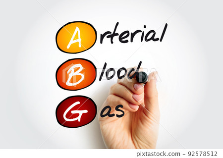 ABG Arterial Blood Gas - test measures the acidity and the levels of oxygen and carbon dioxide in the blood from an artery, acronym text concept background 92578512