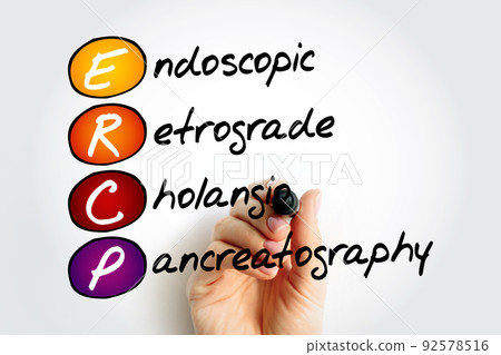 ERCP Endoscopic Retrograde CholangioPancreatography - procedure to diagnose and treat problems in the liver, gallbladder, bile ducts, and pancreas, acronym text concept 92578516