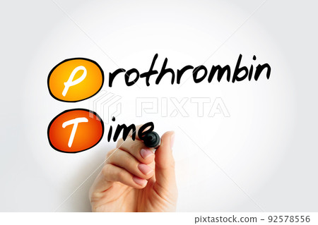 PT Prothrombin Time - measures how long it takes for a clot to form in a blood sample, acronym text concept background 92578556