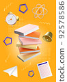3d education concept poster for university and school. Stack of the books, alarm clock, bell, paper plane, atom and note flying on blue background. Realistic 3d high quality render 92578586
