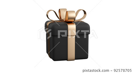 Realistic black gift box with golden ribbon bow. Concept of abstract holiday, birthday or wedding present or surprise. 3d high quality isolated render 92578705