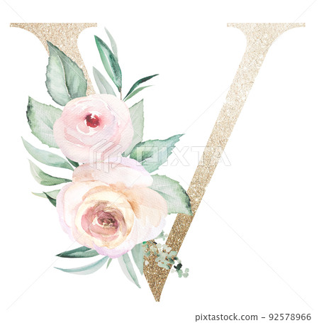 Light golden Letter V with watercolor roses and leaves. Pastel floral alphabet Light golden Letter V with watercolor roses and leaves. Pastel floral alphabet 92578966