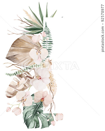Wedding boho Watercolor frame with beige and teal green tropical leaves and orchid flowers illustration 92578977