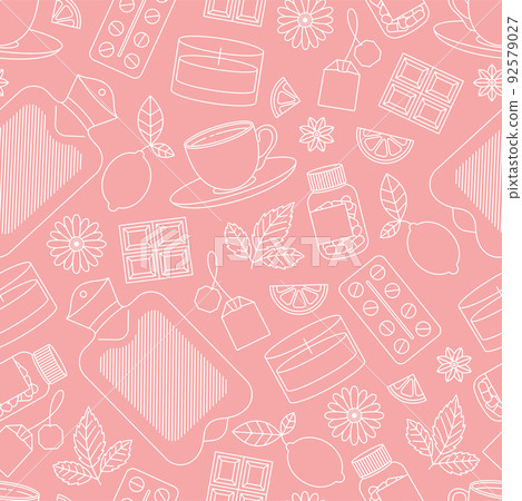 Woman period remedies minimalist seamless pattern. Medications and hot water bottle with green tea and candle. Flat line art. Vector illustration. Woman period remedies minimalist seamless pattern. Medications and hot water bottle with green tea and candle. Flat line art. Vector illustration. 92579027