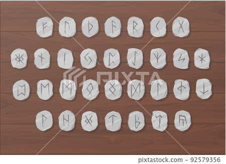 Vector stone runes set. Writing ancient Germans and Scandinavians. Mystical, esoteric, occult, magic symbols. Fortune telling, predicting the future. Isolated. Cartoon illustration 92579356