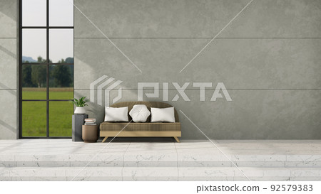 Modern minimal spacious lounge seating space interior design with sofa, grey cement wall. Modern minimal spacious lounge seating space interior design with sofa, grey cement wall. 92579383