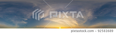 Golden glowing sunset sky panorama with Cirrus clouds. Hdr seamless spherical equirectangular 360 panorama. Sky dome or zenith for 3D visualization and sky replacement for aerial drone 360 panoramas. Golden glowing sunset sky panorama with Cirrus clouds. Hdr seamless spherical equirectangular 360 panorama. Sky dome or zenith for 3D visualization and sky replacement for aerial drone 360 panoramas. 92581689