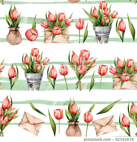 Watercolor pattern with tulips. Flowers in an envelope, a pot, a bouquet of flowers. Striped background. Suitable for decorating gifts, bouquets, etc 92582678
