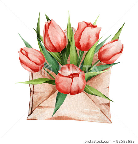 Flowers in a craft envelope. Watercolor floral composition of red tulips. Suitable for stickers, postcards, decor. Flowers in a craft envelope. Watercolor floral composition of red tulips. Suitable for stickers, postcards, decor. 92582682