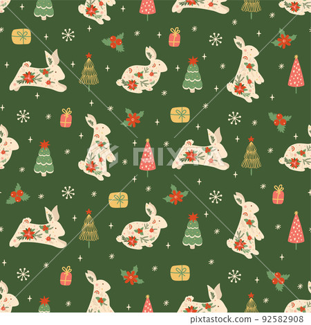 Christmas rabbit pattern. New Year 2023 seamless background, textile, fabric design. Vector print with rabbits, hare, gifts, Christmas tree, flowers, snowflakes. Cute illustration of floral rabbit. Christmas rabbit pattern. New Year 2023 seamless background, textile, fabric design. Vector print with rabbits, hare, gifts, Christmas tree, flowers, snowflakes. Cute illustration of floral rabbit. 92582908