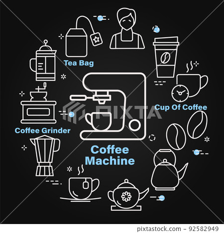 Linear design of coffee machine and different icons on black background Linear design of coffee machine and different icons on black background 92582949