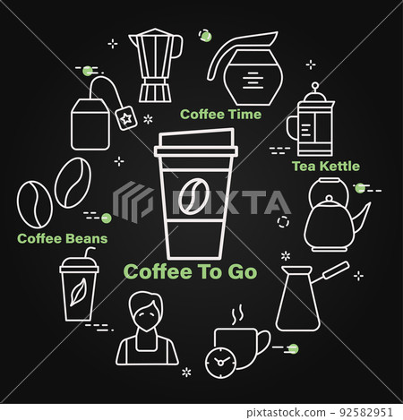 Coffee to go chalk vector banner. Linear icons of coffee and tea in circle desing on black Coffee to go chalk vector banner. Linear icons of coffee and tea in circle desing on black 92582951