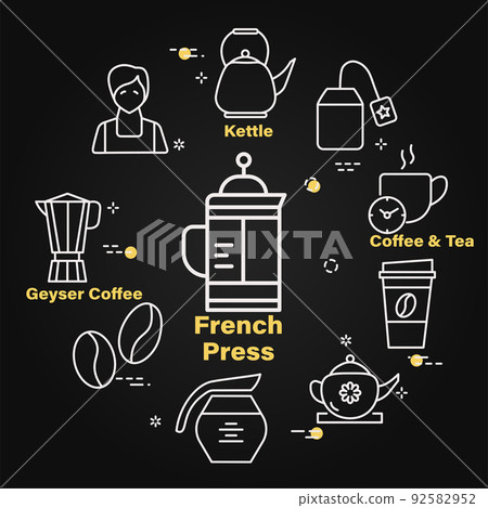 Coffeeshop linear vector icons in circle design. Isolated outline pictograms for cafe menu on black Coffeeshop linear vector icons in circle design. Isolated outline pictograms for cafe menu on black 92582952