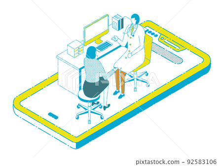 Isometric_Illustration of a woman receiving online medical care from a male doctor 92583106
