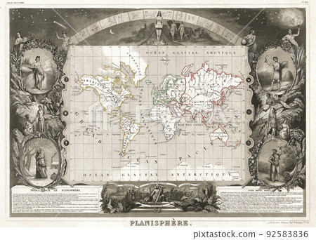 A rare map of the world by French map publisher Victor Levasseur. 1847. Sepia, with illustrations. 92583836