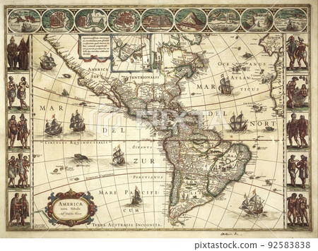 An ancient medieval map of North and South Americas by Willem Blaeu. 1617 92583838