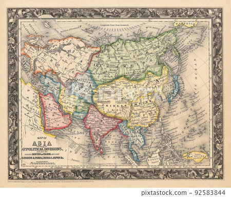 An ancient medieval map of Eurasia. 1860. Sepia, decorative frame. 92583844