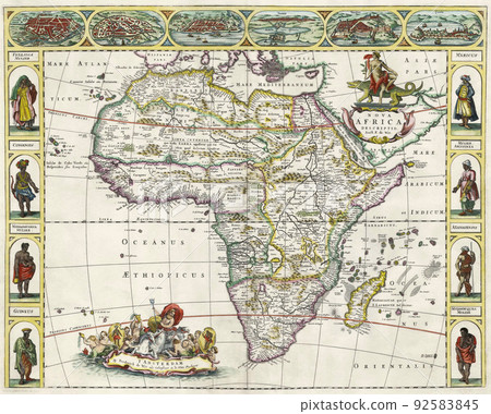 An ancient medieval map of Africa by Frederik de Wit. 1660-1670. Sepia, illustrations. 92583845
