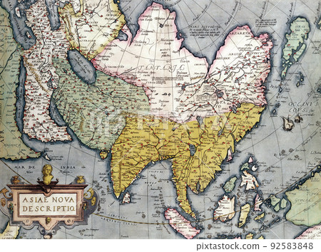 An ancient medieval map of Asia by Claes Jansz. 1688. Sepia, colour. An ancient medieval map of Asia by Claes Jansz. 1688. Sepia, colour. 92583848