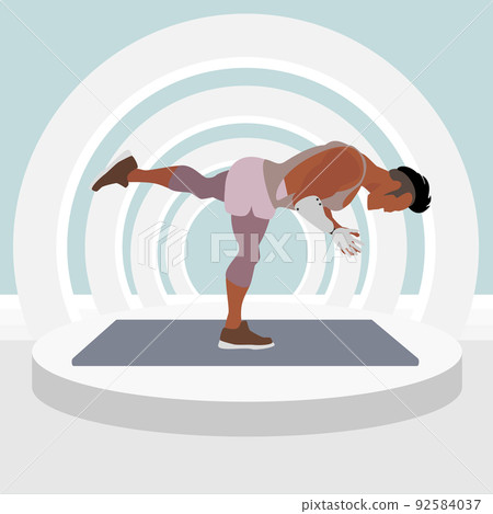 Man with bionic hand doing Warrior III yoga pose 92584037