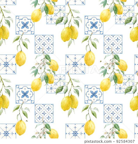 Beautiful seamless pattern in Sicilian style with hand drawn watercolor lemons and blue tiles. Stock illustration. 92584307