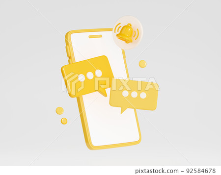 Notification 3d render - chat speech bubbles and bell icon on mobile phone screen. 92584678
