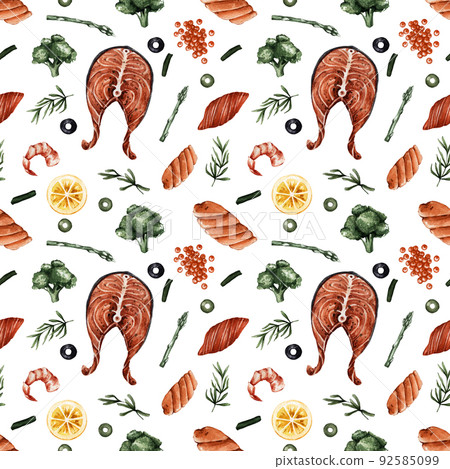 Seamless pattern with seafood in a watercolor style. Healthy and wholesome food. Red fish steak, broccoli, shrimp. Texture for restaurants, menus, bars, cafes. 92585099