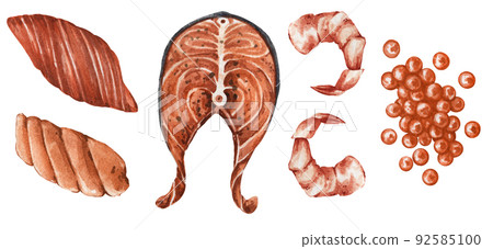 Watercolor painted seafood set. Red fish steak, caviar, fish slice, shrimp. Suitable for menus, restaurants, cafes. Prints, stickers, etc. Healthy wholesome foo 92585100