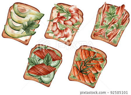 Set of watercolor sandwiches with meat, fish and vegetables. Healthy food. Vegetarian sandwiches. Fitness food with avacado and cereal bread. Suitable for menus, restaurants, cafes, bars, etc. 92585101