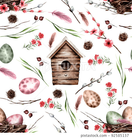 Seamless pattern with bird's nest and eggs for Easter on a white background. Branches, feathers, birdhouse nest, sakura. Spring texture suitable for fabric, textile, decor. Seamless pattern with bird's nest and eggs for Easter on a white background. Branches, feathers, birdhouse nest, sakura. Spring texture suitable for fabric, textile, decor. 92585137