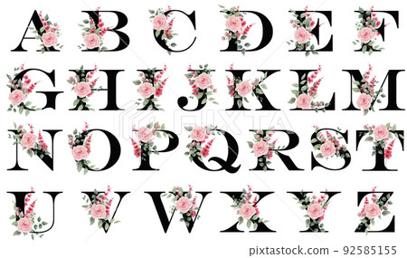 Alphabet with floral decoration. Capital letters with delicate spring flowers for postcards, text, congratulations, booklets, brochures, etc Alphabet with floral decoration. Capital letters with delicate spring flowers for postcards, text, congratulations, booklets, brochures, etc 92585155