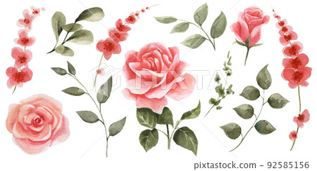 Set of spring flowers on a white background. Watercolor pink roses, red flowers and green leaves. Perfect for brochures, postcards, invitations, fabrics, textiles, flyers, postcards, etc 92585156