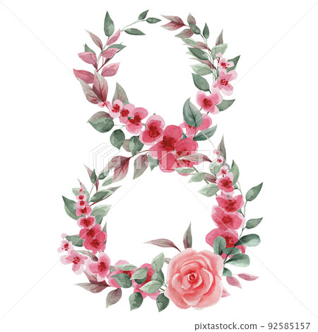 Numeral 8, isolated on a white background, decorated with tender pink roses, red flowers and green leaves. International Women's Day. Great for postcards, congratulations, invitations, gifts, booklet Numeral 8, isolated on a white background, decorated with tender pink roses, red flowers and green leaves. International Women's Day. Great for postcards, congratulations, invitations, gifts, booklet 92585157
