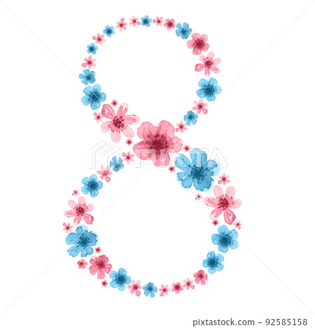 Spring illustration of number 8 for womens day from pink and blue flowers. International Women's Day. Great for postcards, congratulations, invitations, gifts, booklets, brochures, etc 92585158