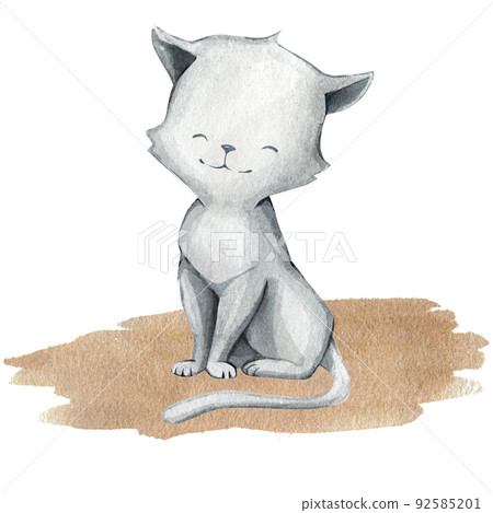 A cat sitting on the grass. Illustration in watercolor style is suitable for design, decor, clothing design, tertration, fabrics, utensils, things, etc 92585201