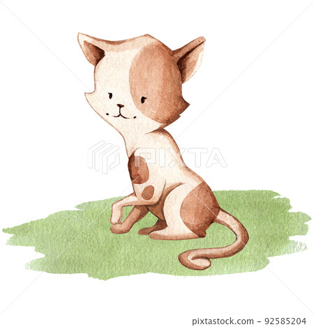 A cat sitting on the grass. Illustration in watercolor style is suitable for design, decor, clothing design, tertration, fabrics, utensils, things, etc A cat sitting on the grass. Illustration in watercolor style is suitable for design, decor, clothing design, tertration, fabrics, utensils, things, etc 92585204