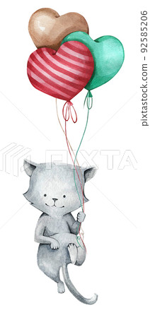 Watercolor illustration of a gray cat with balloons for the design of children's knocks, postcards, clothes, fabrics, notebooks, etc. Watercolor illustration of a gray cat with balloons for the design of children's knocks, postcards, clothes, fabrics, notebooks, etc. 92585206