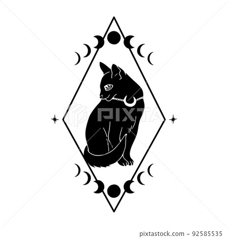 Black silhouette of witch cat and moon phases Black silhouette of witch cat and moon phases 92585535