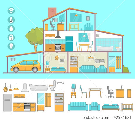 Interiors room with furniture. Flat style vector illustration 92585681