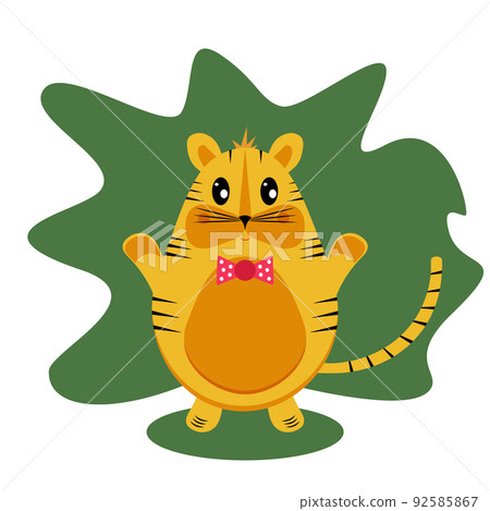 Tiger in the form of an egg, with a bow tie, against the background of an abstract palm leaf. Vector illustration in a flat style. 92585867