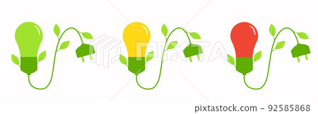 Red, yellow and green Eco-lamps with a wire and a socket, sprouted with leaves. The concept is energy saving, energy saving lamps, natural resources and ecology. Vector image. Banner Red, yellow and green Eco-lamps with a wire and a socket, sprouted with leaves. The concept is energy saving, energy saving lamps, natural resources and ecology. Vector image. Banner 92585868
