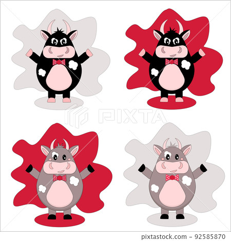 Collection of vector images of a bull. A good and evil bull. Black and brown bull on a red and gray background, in a bow tie. Vector in flat style. Collection of vector images of a bull. A good and evil bull. Black and brown bull on a red and gray background, in a bow tie. Vector in flat style. 92585870