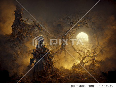 Zombie Rising out of a Graveyard Cemetery in Spooky Dark Night 92585939