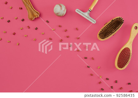 Accessories for the grooming of the dog. Combs and brushes for dogs. Top view Accessories for the grooming of the dog. Combs and brushes for dogs. Top view 92586435