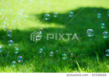 Soap bubble play on green grass 92586688